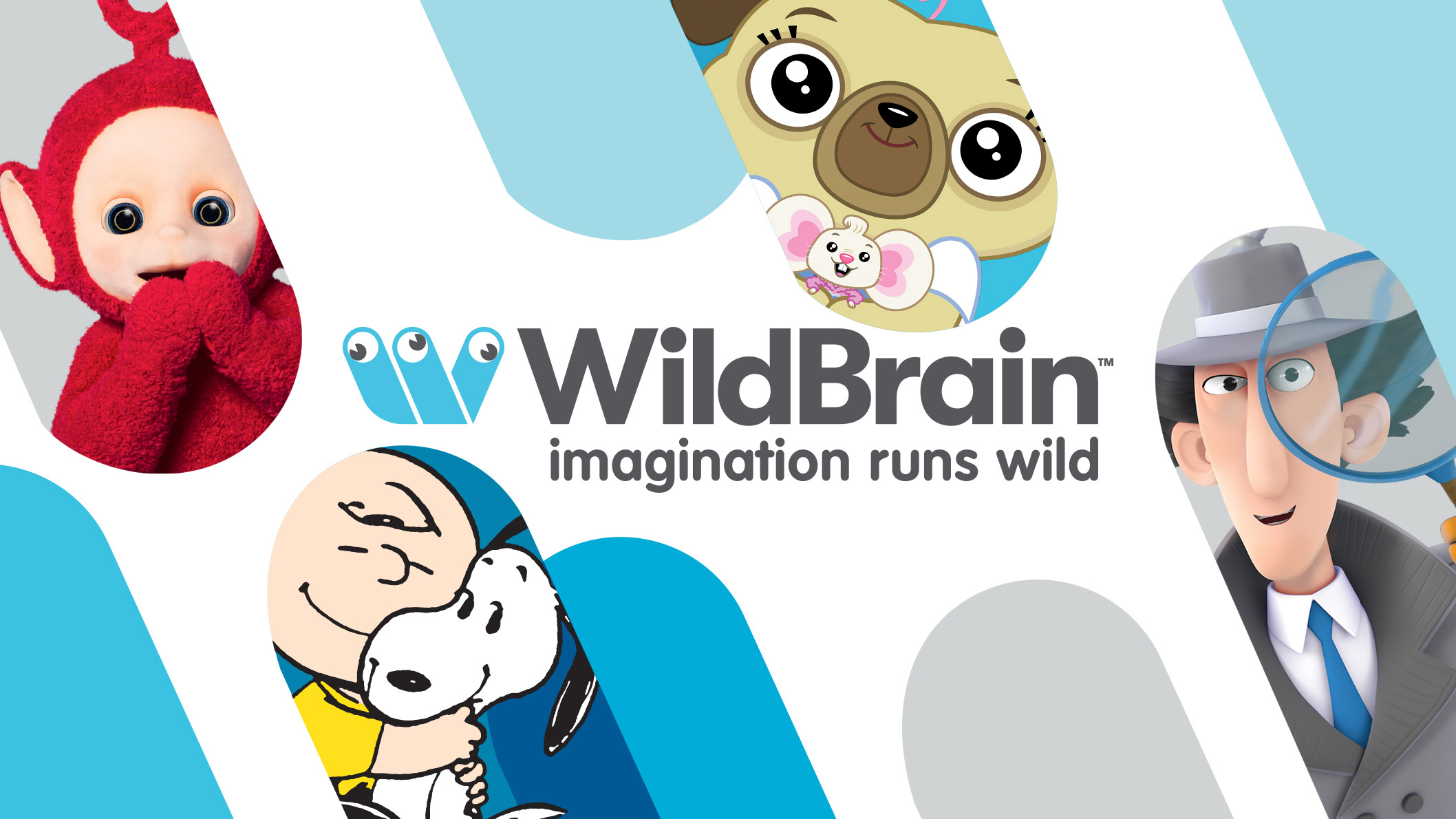 A white background with the WildBrain logo and a text that says Imagination Runs Wild, in the middle. There are blue shapes sticking out from the corners of the image, with different characters in each blue shape.